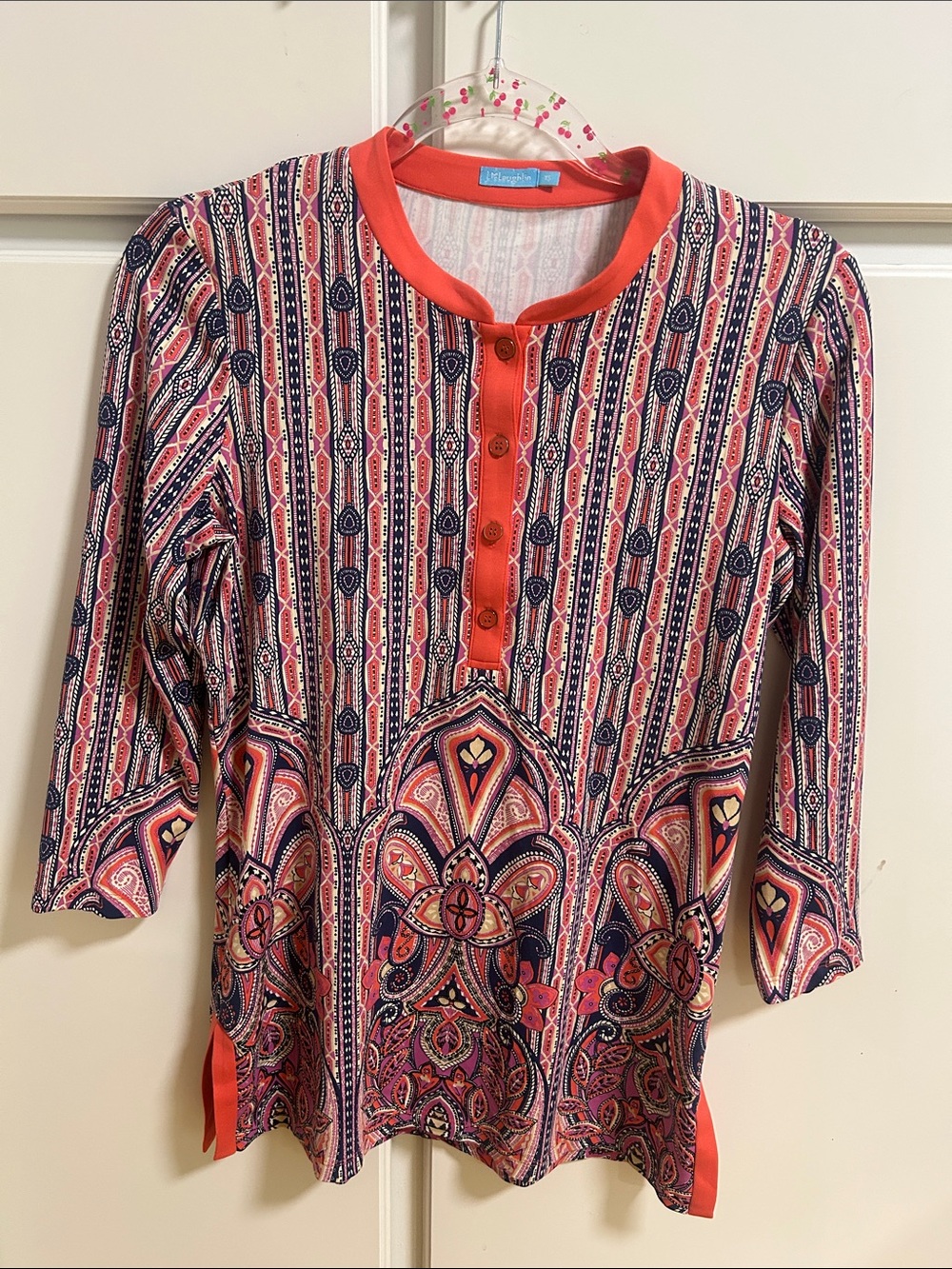 J. McLaughlin Coral and Navy Patterned Button Henley Tunic XS